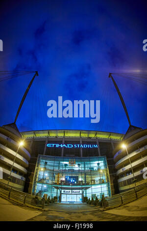 The City of Manchester Stadium in Manchester, England, also known as Etihad Stadium for sponsorship reasons, is the home ground Stock Photo