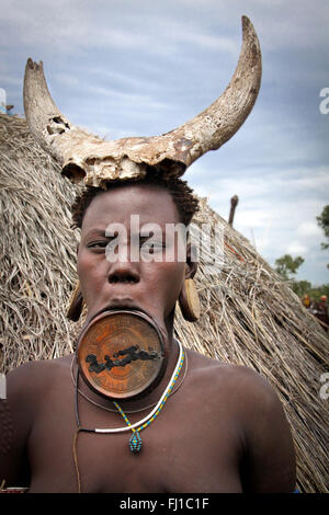 Stunning portrait of Mursi woman with lip plate , Mago National Park , Ethiopia Stock Photo