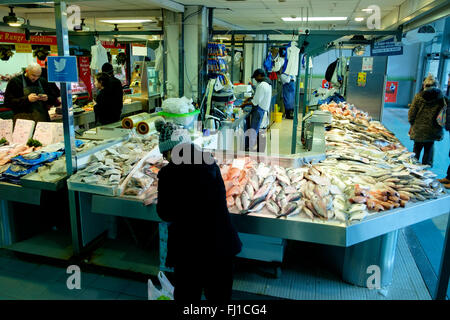 Manchester, UK - 16 February 2016: Fresh fish for sale at a fishmongers stall in the Arndale Market Stock Photo