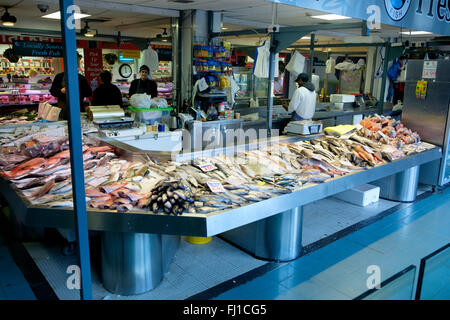Manchester, UK - 16 February 2016: Fresh fish for sale at a fishmongers stall in the Arndale Market Stock Photo