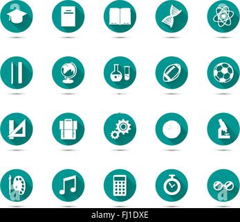 Education flat icons with long shadow on green background isolated on white Stock Vector