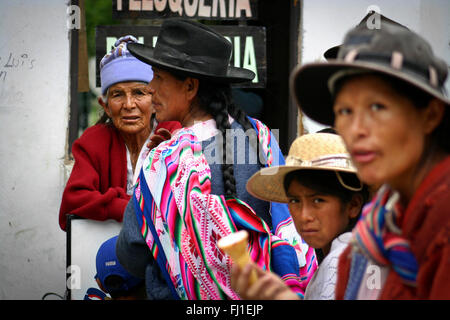 Group of women and ladies in the crowd at Tarabuco market in Bolivia - travel photography Stock Photo