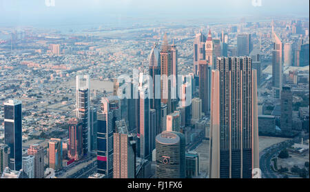 Dubai downtown at sunset, aerial view Stock Photo