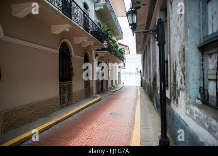 PANAMA CITY, Panama — Buildings and Spanish colonial architecture on the streets of the historic Casco Viejo (San Felipe) district of Panama City, Panama. The area was founded in the 17th century after an older part of Panama City, Panama Viejo, was raided and destroyed. Casco Viejo now enjoys protection as a UNESCO World Heritage site which imposes strict rules about how building renovations are conducted. Stock Photo