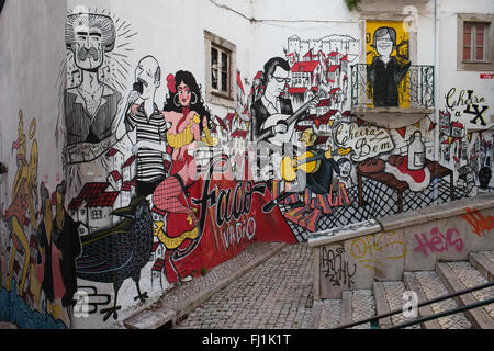 Portugal, city of Lisbon, Fado Vadio mural, graffiti, traditional music theme, street art at Escadinhas de Sao Cristovao Stock Photo