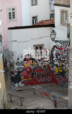 Portugal, city of Lisbon, Fado Vadio mural, graffiti, traditional music theme, street art at Escadinhas de Sao Cristovao Stock Photo