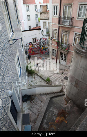 Portugal, city of Lisbon, stairs and houses at Escadinhas de Sao Cristovao, Fado neighbourhood Stock Photo