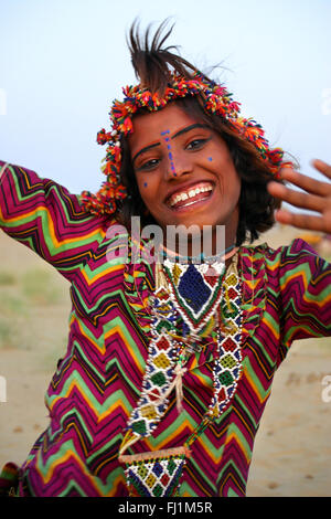 Happy girl dancing in Jaisalmer , Rajasthan, India Stock Photo