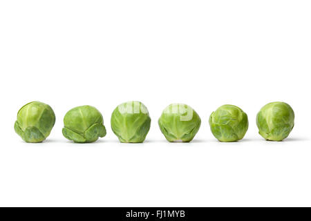 Row of fresh raw Brussel sprouts on white background Stock Photo