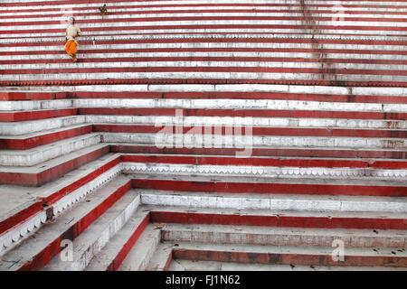 Man walks alone with dog on the steps of Kedar ghat, Varanasi , India Stock Photo