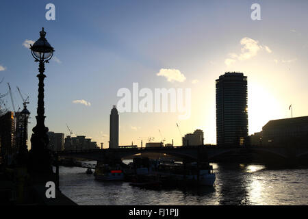 View along River Thames from Westminster Bridge, Millbank Tower (R), Vauxhall / St George Wharf Tower in centre distance, London Stock Photo