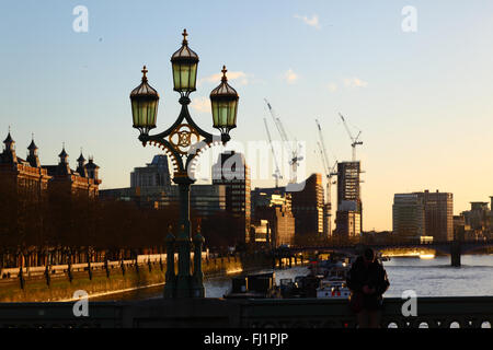 Construction sites and cranes on Albert Embankment next to River Thames, seen from Westminster Bridge, London, England UK Stock Photo