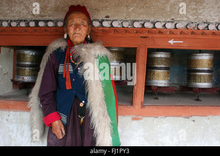 Old Ladakhi woman with traditional dress in Hemis monastery , Ladakh , India Stock Photo