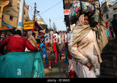 Crowd / people on Dashashwamedh Ghat (main ghat) , Varanasi , India Stock Photo