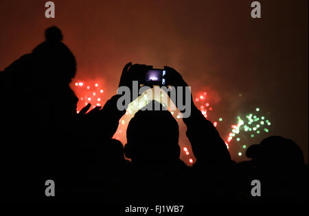 People watching the New Year's Fireworks in Zurich, Switzerland Stock Photo