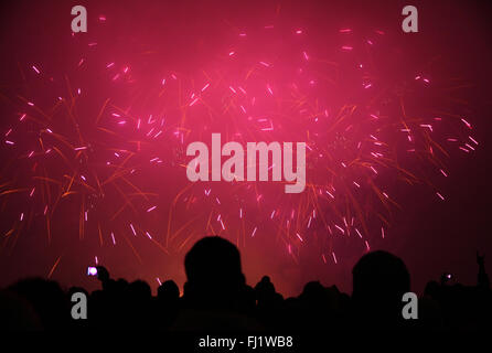 People watching the New Year's Fireworks in Zurich, Switzerland Stock Photo