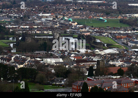 Aerial view of Caerphilly town and castle from Caerphilly mountain, Gwent, Wales, United Kingdom Stock Photo