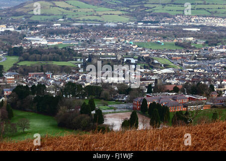 Aerial view of Caerphilly town and castle from Caerphilly mountain, Gwent, Wales, United Kingdom Stock Photo