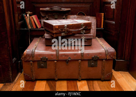 Brown leather vintage suitcase and briefcases Stock Photo