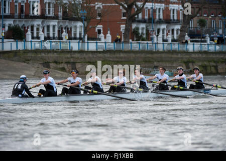 London, UK. 28th Feb, 2016.  Molesey Boat Club on the Thames during their fixture against Oxford University Womens Boat Club in preparation for the Cancer Research UK Women's Boat Race.  Molesey BC Lucy Primmer, Georgie Grant, Beccy Girling, Aimee Jonkers, Rebecca Edwards, Vickie Watts, Gabby Rodriguez, Helen Roberts, Henry Fieldman [cox]. Stephen Bartholomew/Stephen Bartholomew Stock Photo