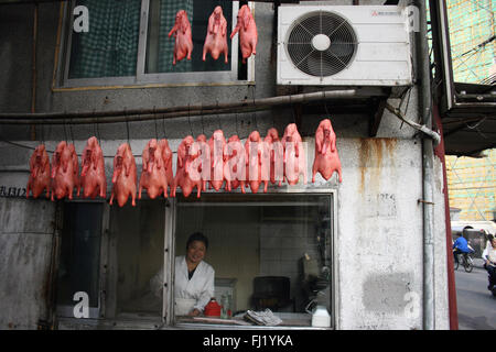 Woman selling ducks in hutong, old area of Beijing, China Stock Photo