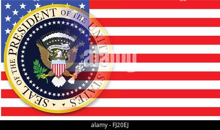 A depiction of the seal of the president of the United States of America set over  a Stars and Stripes flag Stock Vector