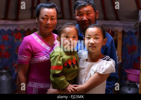 Nomadic family in Mongolia Stock Photo