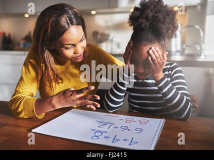 Mother learning her daughter to calculate elementary school work Stock Photo