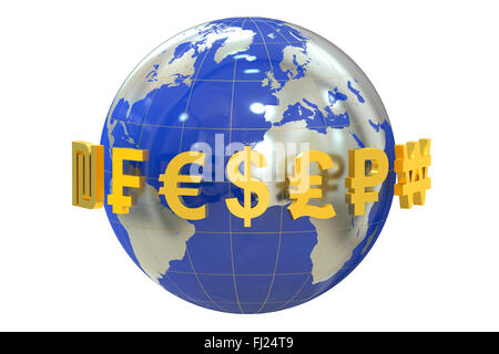 Globe with currency symbols isolated on white background Stock Photo