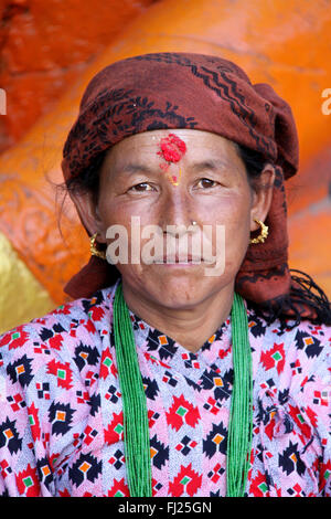 Portrait of Nepali Newar woman with tilak and turban  in Katmandu Stock Photo