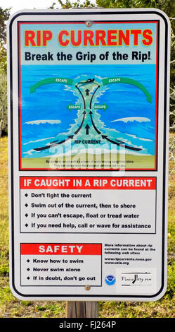 A sign warns beachgoers of dangerous rip currents that might develop in the Gulf of Mexico -- and what to do to escape from the overpowering water that cuts through breaking waves and can be life threatening by carrying its victims out to sea.  Posted at the public beach in Venice, Florida, USA. Stock Photo