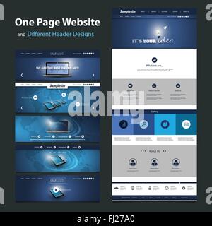 One Page Responsive Website Template with Different Header Designs Kit, Global Technology Stock Vector