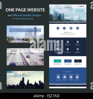 One Page Responsive Website Template with Different Header Designs Kit, Urban Theme Stock Vector