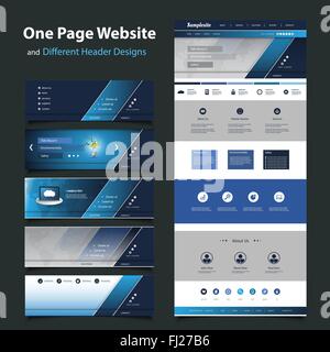 One Page Responsive Website Template with Different Header Designs Kit, Six Different Header Designs Stock Vector