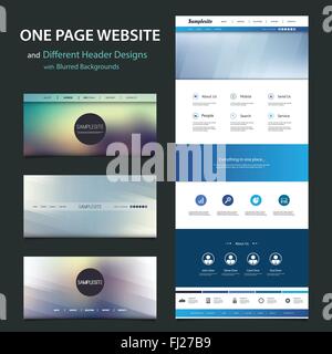 One Page Responsive Website Template with Different Header Designs Kit, Blurred Backgrounds Stock Vector
