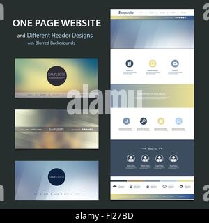 One Page Responsive Website Template with Different Header Designs Kit, Blurred Backgrounds Stock Vector