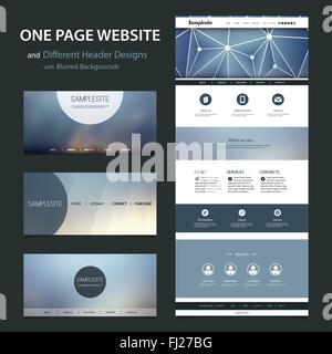 One Page Responsive Website Template with Different Header Designs Kit, Blurred Backgrounds Stock Vector