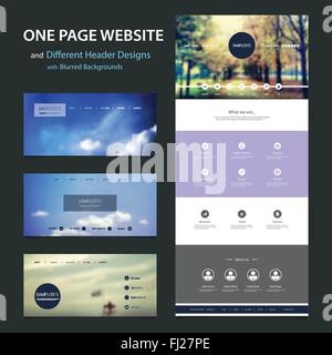 One Page Responsive Website Template with Different Header Designs Kit, Blurred Backgrounds Stock Vector