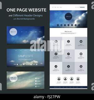 One Page Responsive Website Template with Different Header Designs, Kit with Blurred Backgrounds Stock Vector