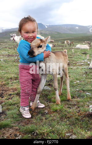 Young boy, , Tsaatan Dukha people , nomadic reindeer herders , Mongolia Stock Photo