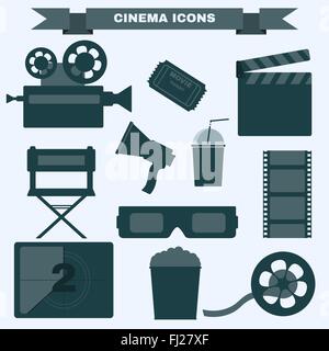 Cinema icon set. Making Movie. Camera, Movie  Ticket, Clapper board, Director's Seat, Loudhailer, Cocktail glass with tube. Stock Vector