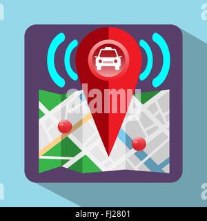 Gps Navigation Logo. Device for taxi drivers. Car, Map Pointer, Navigation Signal, Streets, Lake, Parks. Digital background. Stock Vector