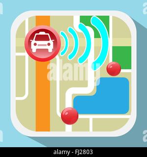 Gps Navigation Logo. Device for taxi drivers. Car, Map Pointer, Navigation Signal, Streets, Lake, Parks. Digital background. Stock Vector