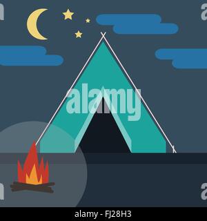 Camping in Wild Nature at Night. Blue Tent with Bonfire surrounded by Cloudy Skies with Half Moon and Stars. Digital background Stock Vector