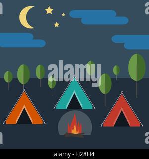 Camping in Wild Nature at Night. Blue Tent with Bonfire surrounded by Trees, Cloudy Skies with Half Moon and Stars. Stock Vector