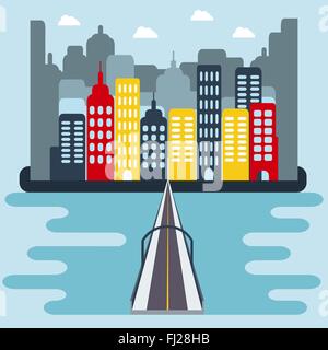 Cityscape with Buildings, Skyscrapers, Bridge over the River and Cloudy Sky at Daytime. Digital background flat vector. Stock Vector
