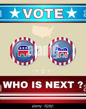 Who is Next President - Election Day 2016 Campaign Social Promotion Banner. Elephant versus Donkey. American Flag's Symbolic. Stock Vector