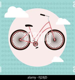 Bicycle colorful vector greeting card for cyclists. Bike surrounded by clouds on the backdrop full of cycles silhouettes. Health Stock Vector
