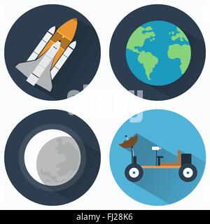 Astronomy Icons Set. Earth and Moon and Rocket. Moon rover for exploring different planets. Objects used for education manuals. Stock Vector