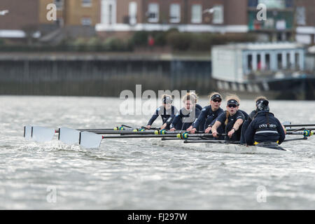 London, UK. 28th Feb, 2016. Boat Race Fixture.  Oxford  University  Women's Boat Club v Molesey BC.  A Fixture that provides OUWBC with an opportunity to prepare for the Cancer Research Oxford v Cambridge Universities Boat Race that will take place on the River Thames Tideway on 27 March 2016.  OUWBC Blue Boat, Cox – Morgan Baynham-Williams, S – Lauren Kedar, 7 – Maddy Badcott, 6 – Anastasia Chitty, 5 – Elo Luik, 4 – Ruth Siddorn, 3 – Joanneke Jansen, 2 – Emma Spruce, B – Emma Lukasiewicz. Credit:  Duncan Grove/Alamy Live News Stock Photo